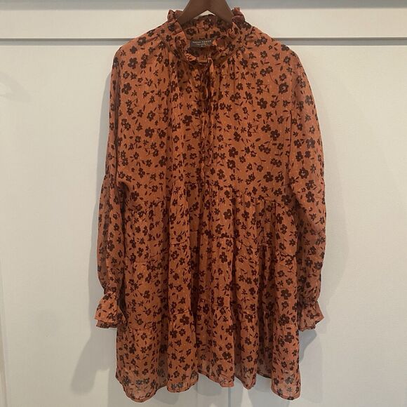 Dress Forum Los Angeles Dress Small Tan Floral Boho Prairie Ruffle Fall Colors - Picture 1 of 13